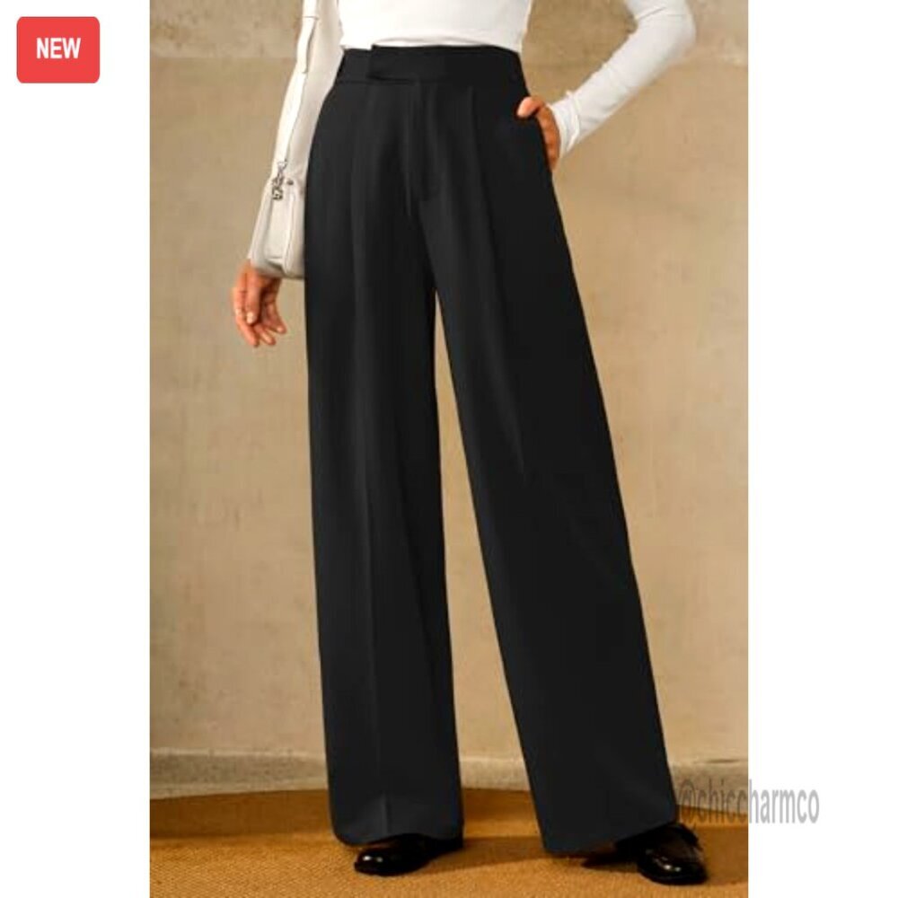 Wrinkle-Free Pleated Wide Leg Dress Pants High Waisted Business Casual - Picture 3 of 6
